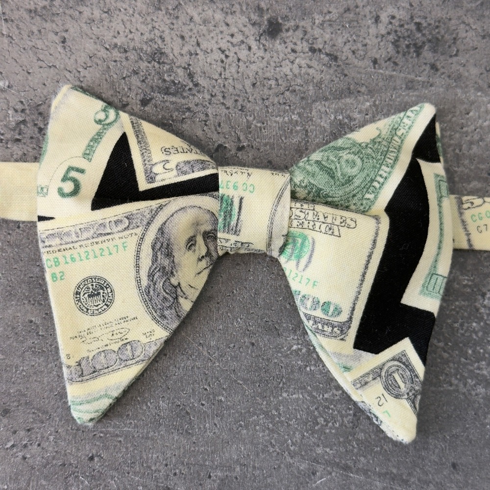 Mens Money Print Bow Tie US Currency Dollar Bill Adjustable Pre-Tied Novelty